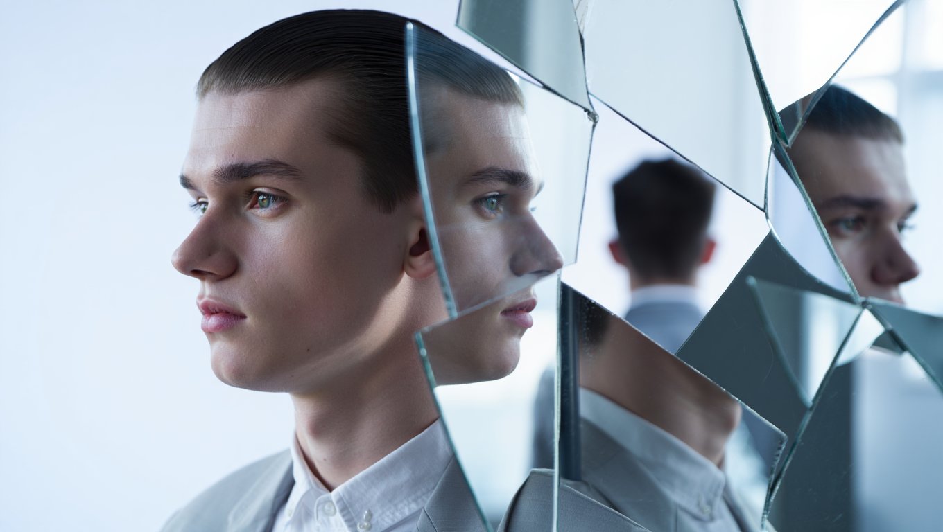 Коцентуальное изображение, символизирующее диссоциативное расстройство Мужчина и его отражения в осколках стекла